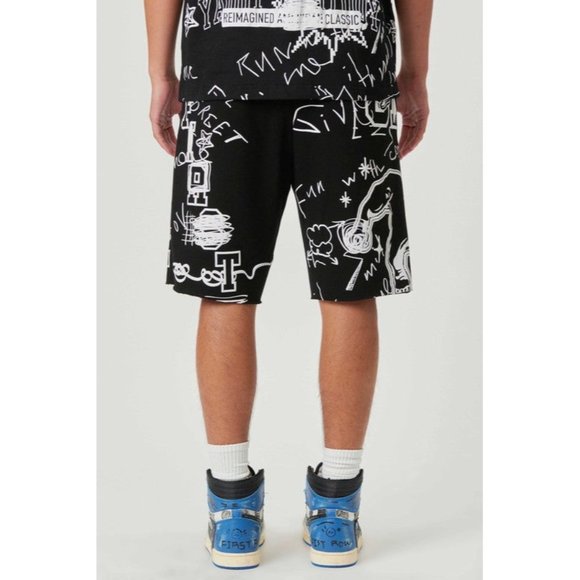 ALLOVER HAND DOODLING PUFF PRINT SHORTS JEANS CASUAL HOLES PANTS SHORT SUMER - Picture 5 of 5